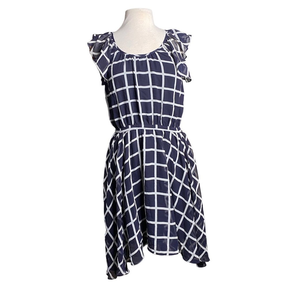Esley navy blue,white DRESS M pane ruffle sleeveless, gathered waist, side zip